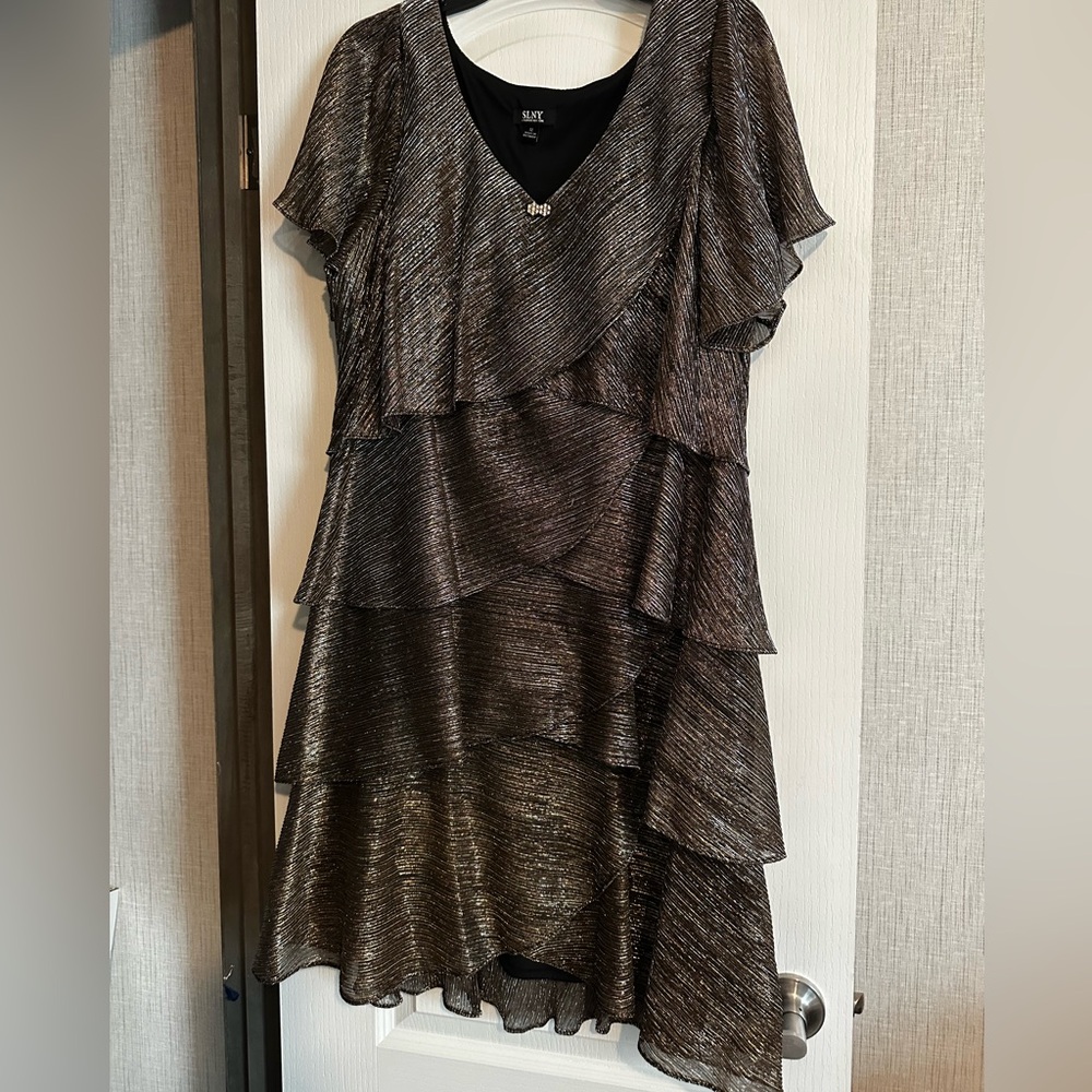 SLNY Metallic gold and  Black Dress with Jewel Accent